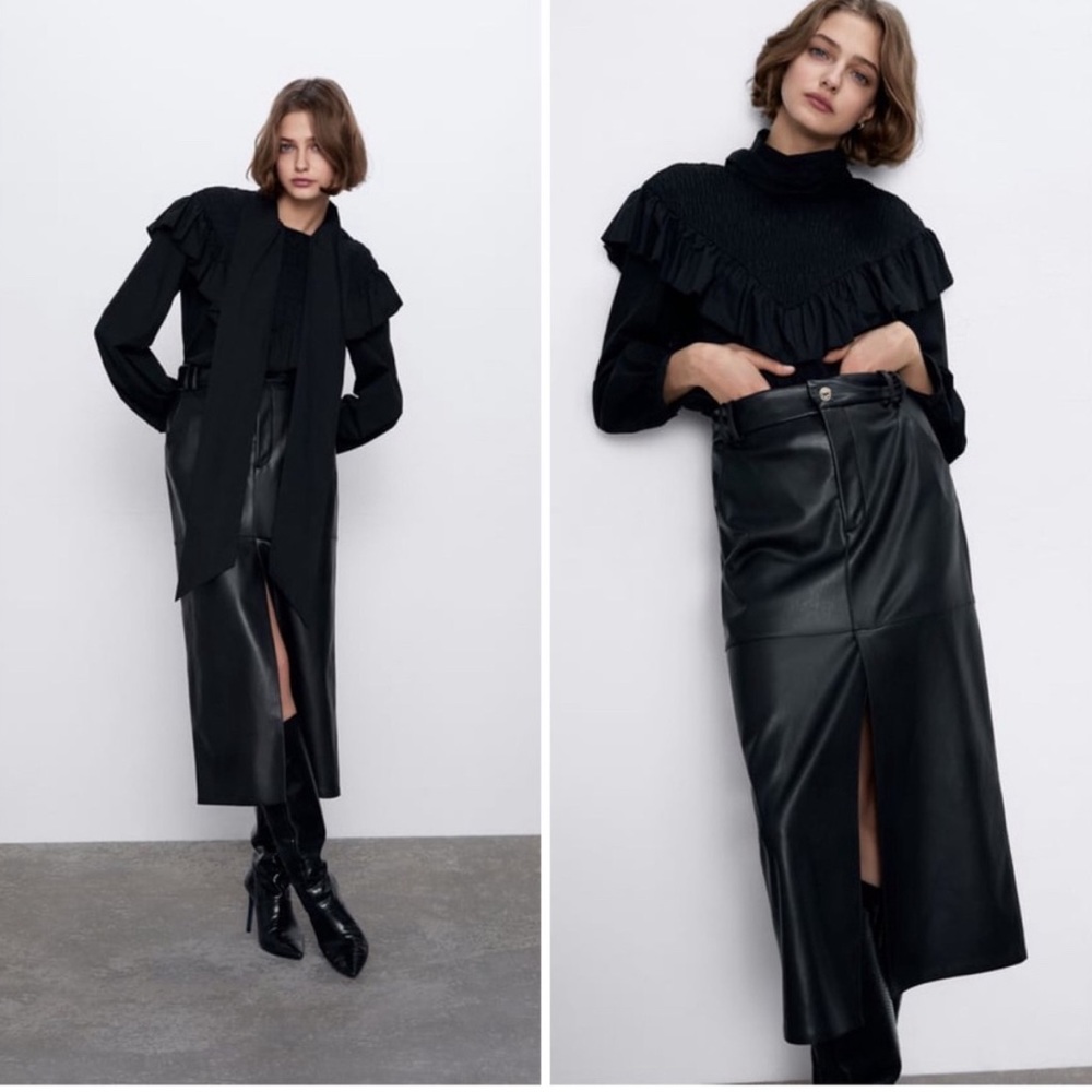 NWT Zara Black Faux Leather The Lizzy Midi Skirt XS